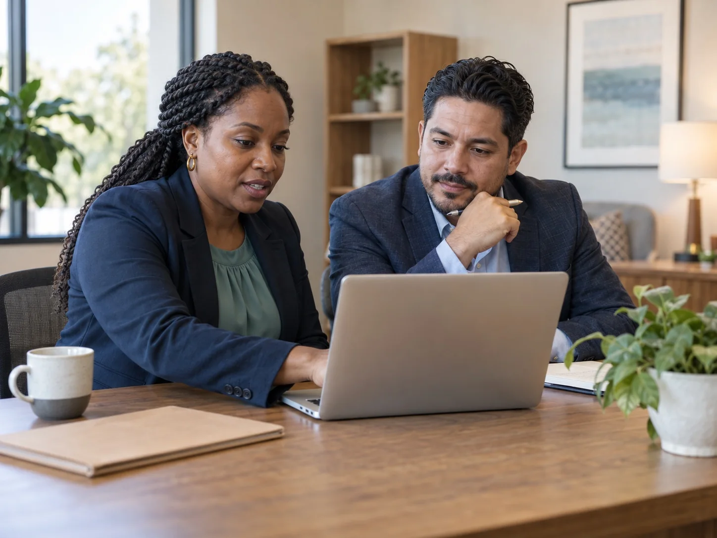 Two family-service professionals reviewing a case schedule together