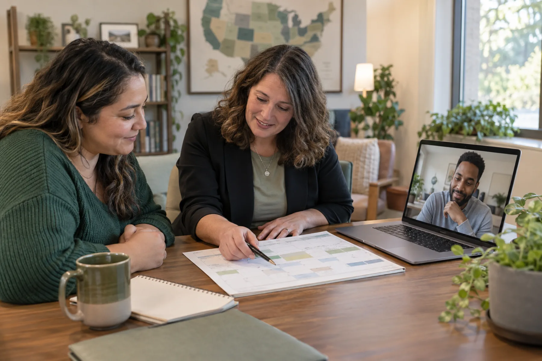A parent and family-services professional coordinate a visit while another parent joins remotely